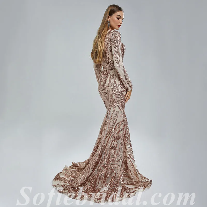 Elegant Special Fabric Long Sleeve V-Neck Mermaid Long Prom Dresses,SFPD0340