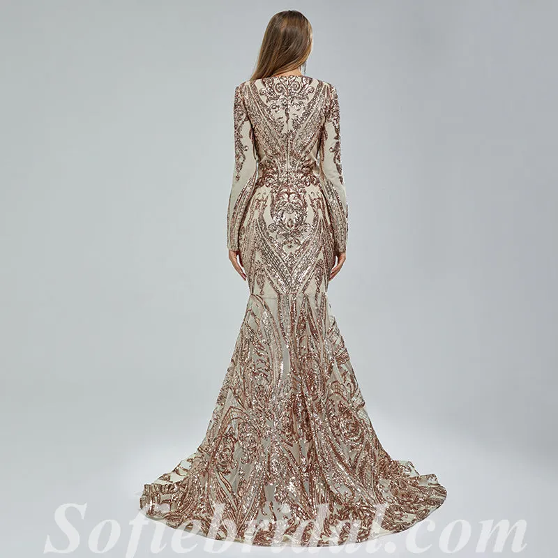 Elegant Special Fabric Long Sleeve V-Neck Mermaid Long Prom Dresses,SFPD0340