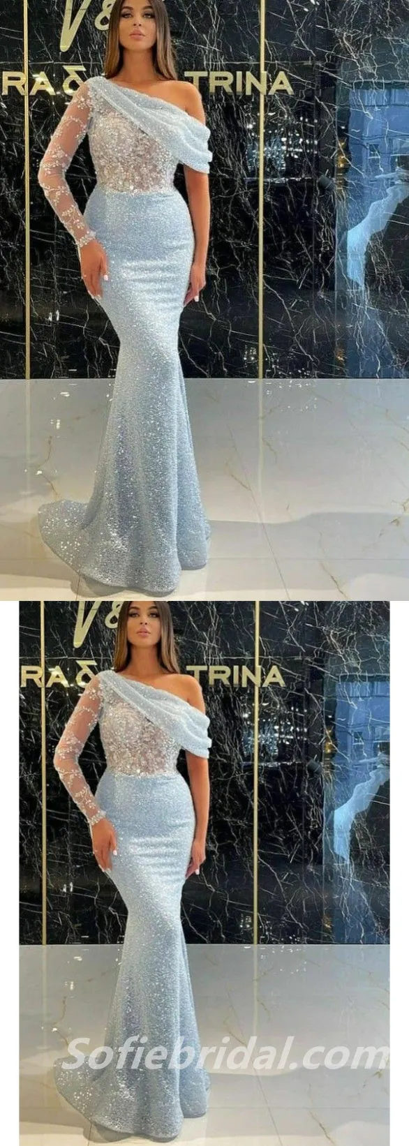 Elegant Special Fabric One Shoulder One sleeve Mermaid Long Floor Length Prom Dresses With Applique,SFPD0246