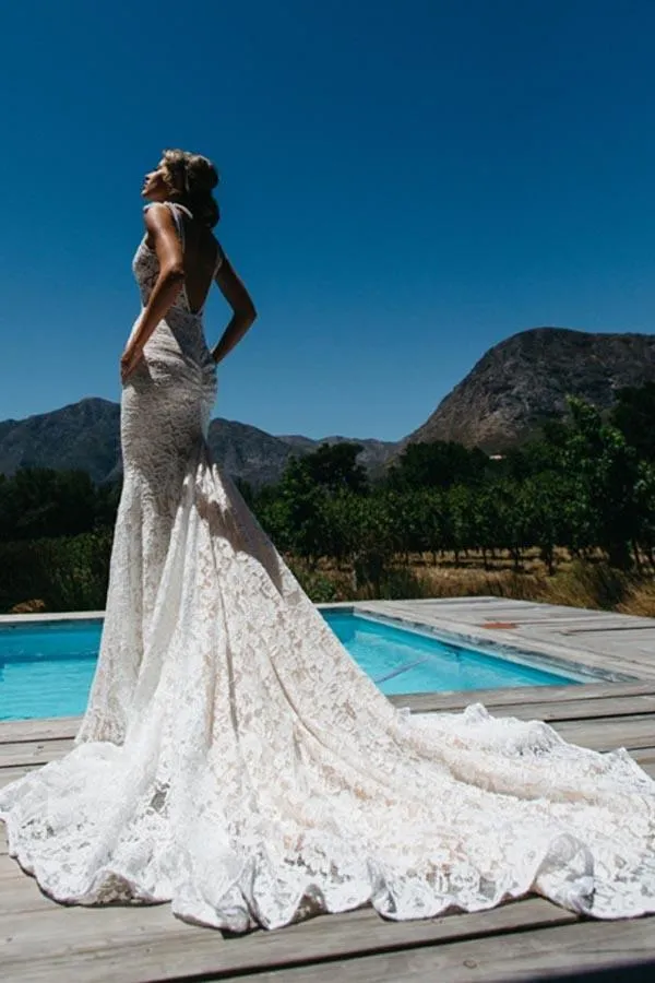 Elegant White V-Neck Backless Mermaid Lace Long Wedding Dress With Train, SW208