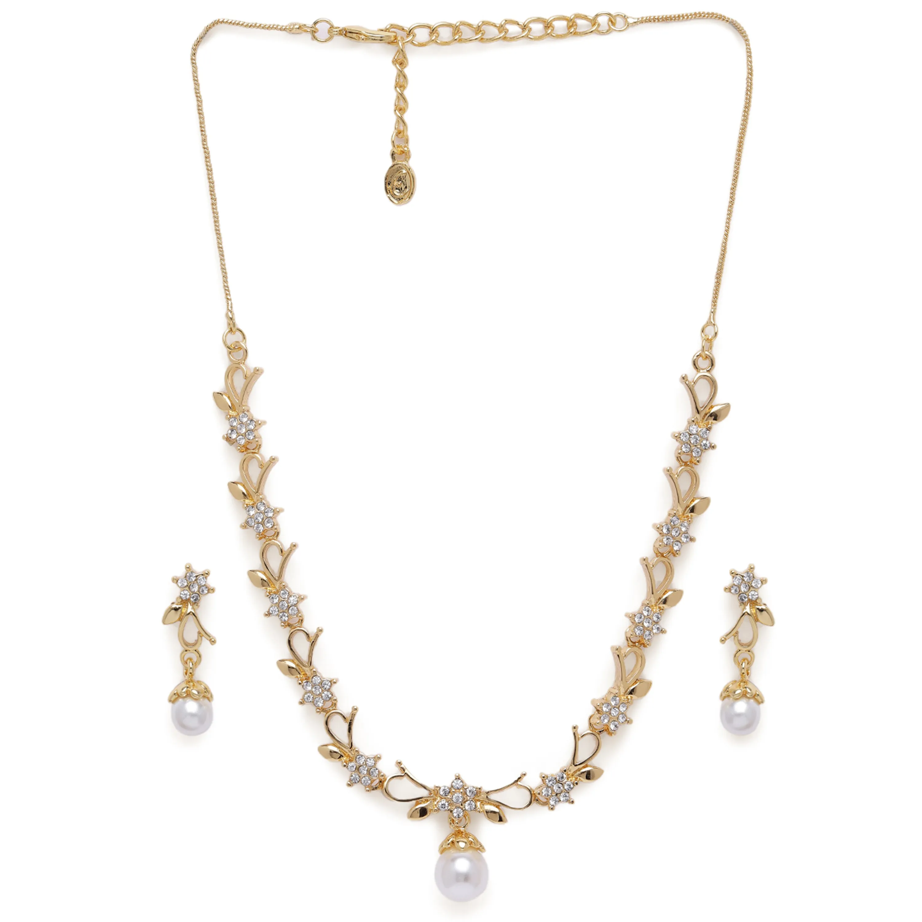 Estele Gold Plated Elegant Bow Necklace Set with Pearl for Women