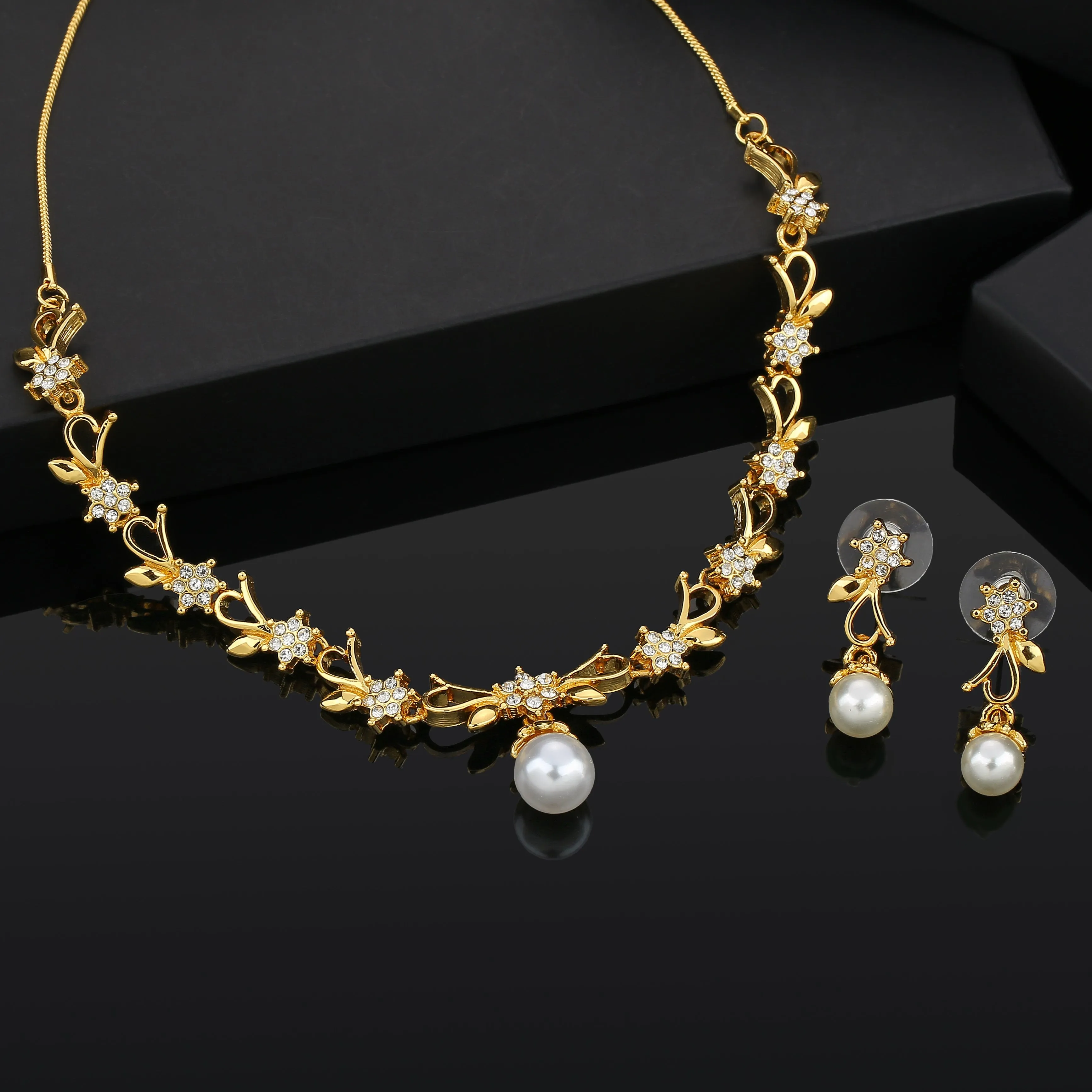 Estele Gold Plated Elegant Bow Necklace Set with Pearl for Women