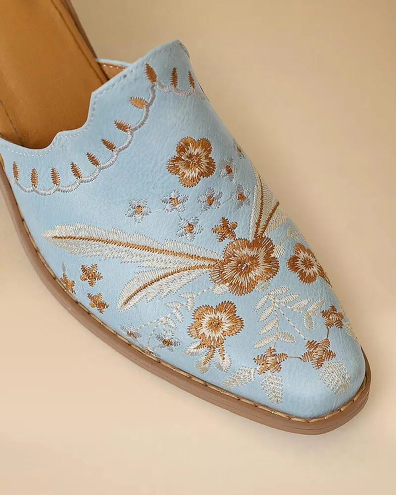 Floral Embroidery Chunky Heel Clogs