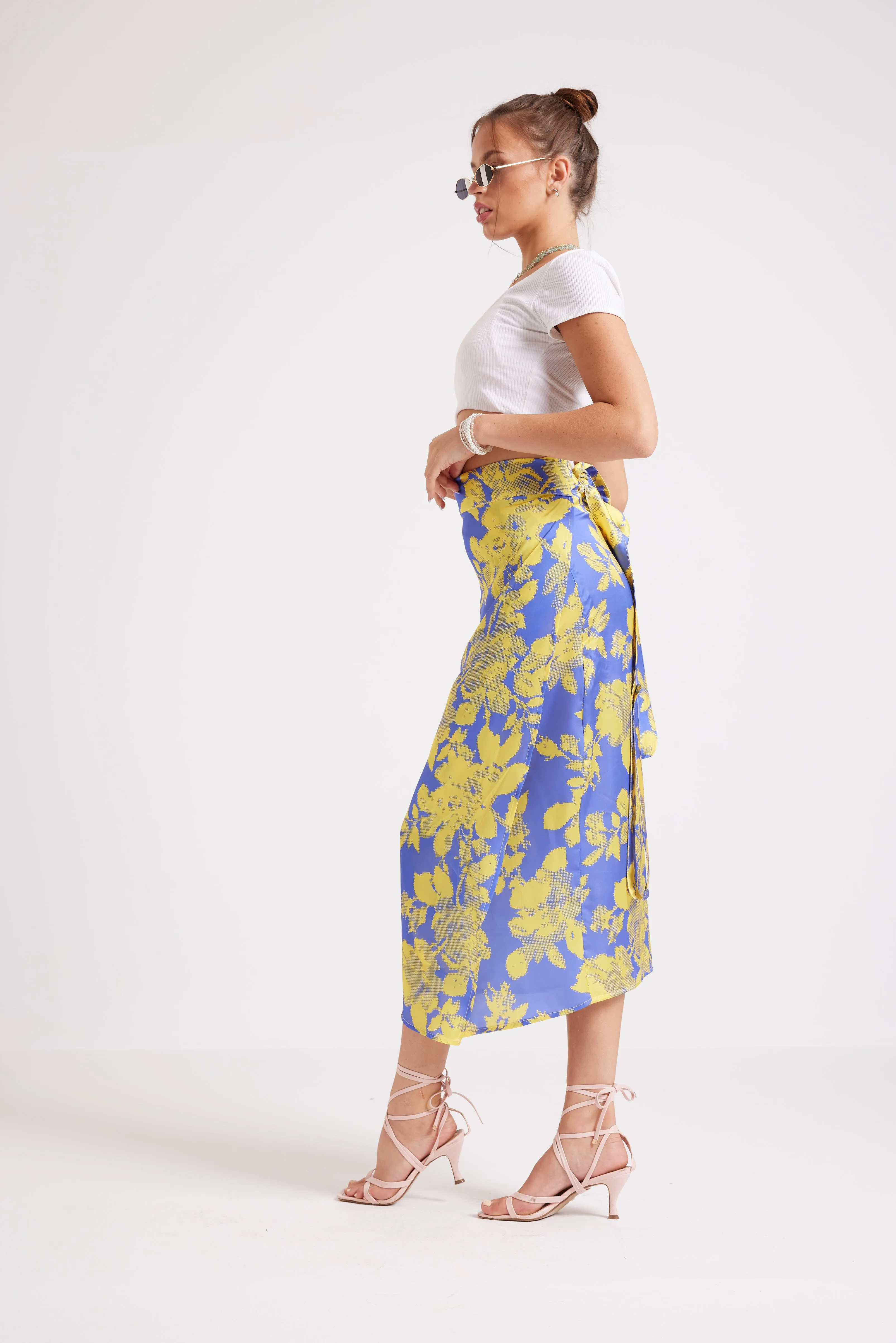 FLORAL WRAPOVER SATIN SKIRT