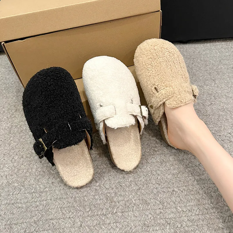 Furry Closed-Toe Half-Slip Thick Sole Warm Cotton 2024 Winter Shoes