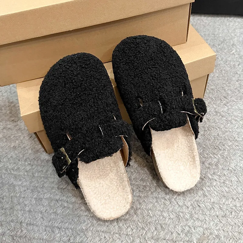 Furry Closed-Toe Half-Slip Thick Sole Warm Cotton 2024 Winter Shoes