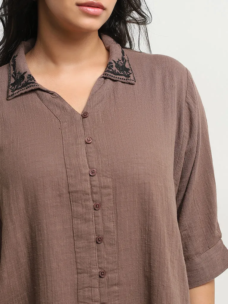 Gia Brown Embroidered High-Low Cotton Blouse