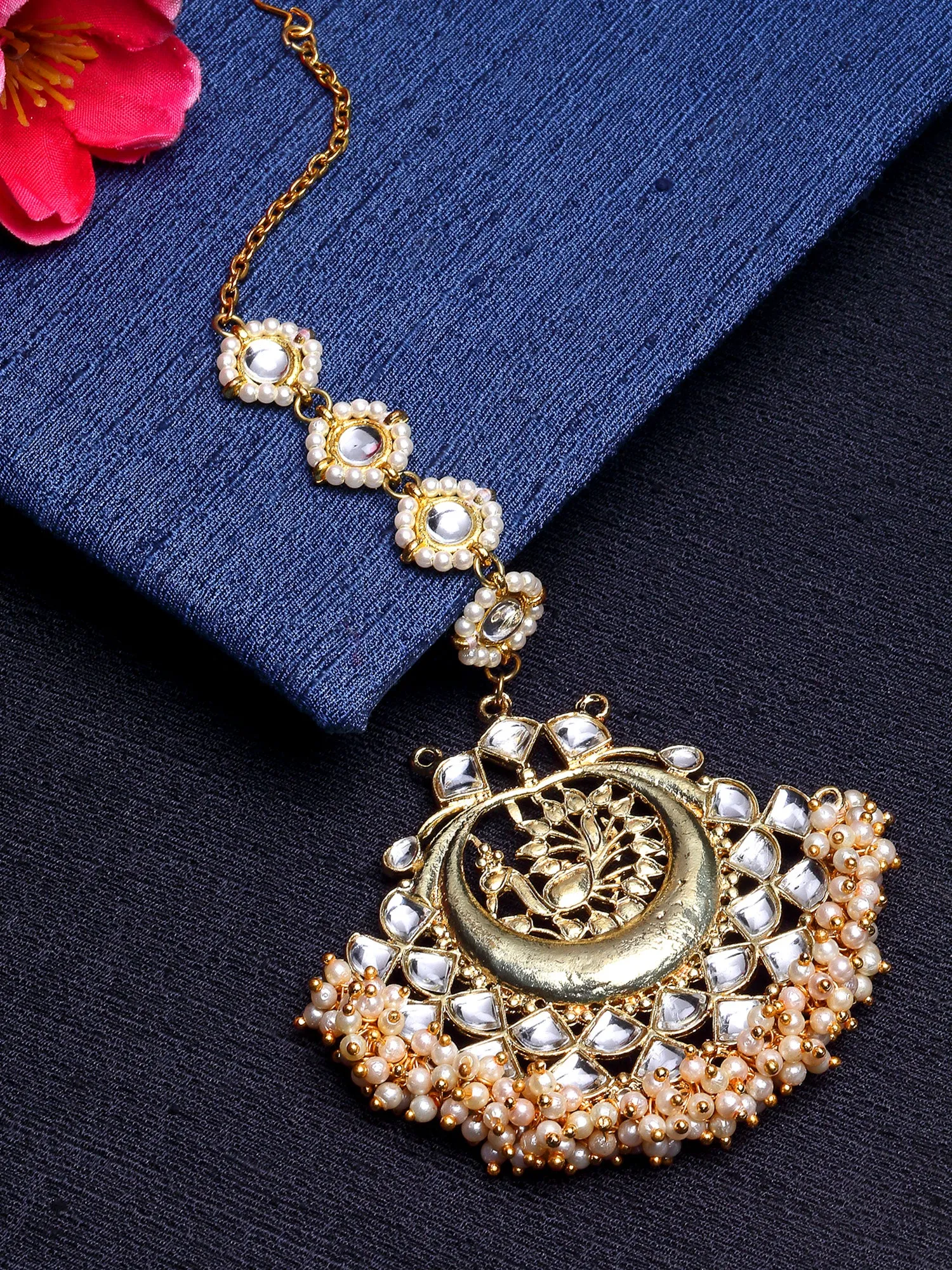 Gold Plated Peacock Shaped Kundan Maangtikka