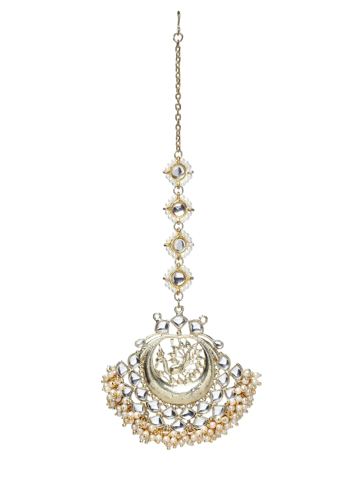 Gold Plated Peacock Shaped Kundan Maangtikka