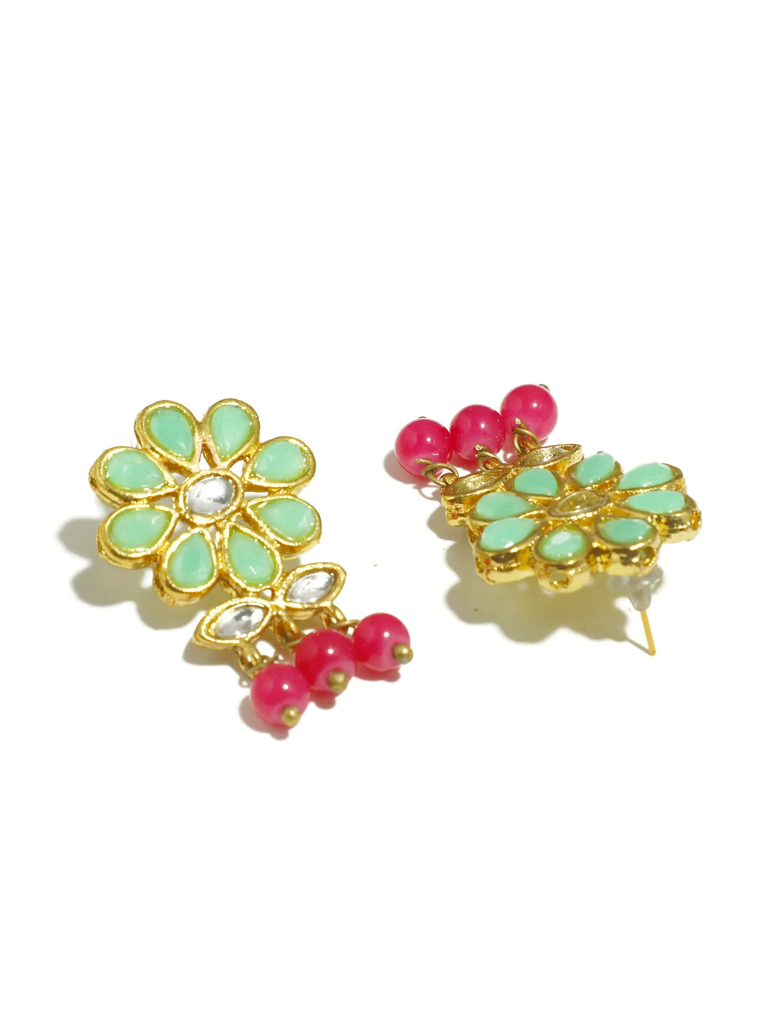 Gold Plated Pink Beads Mint Green Kundan Dangler Earrings for Women