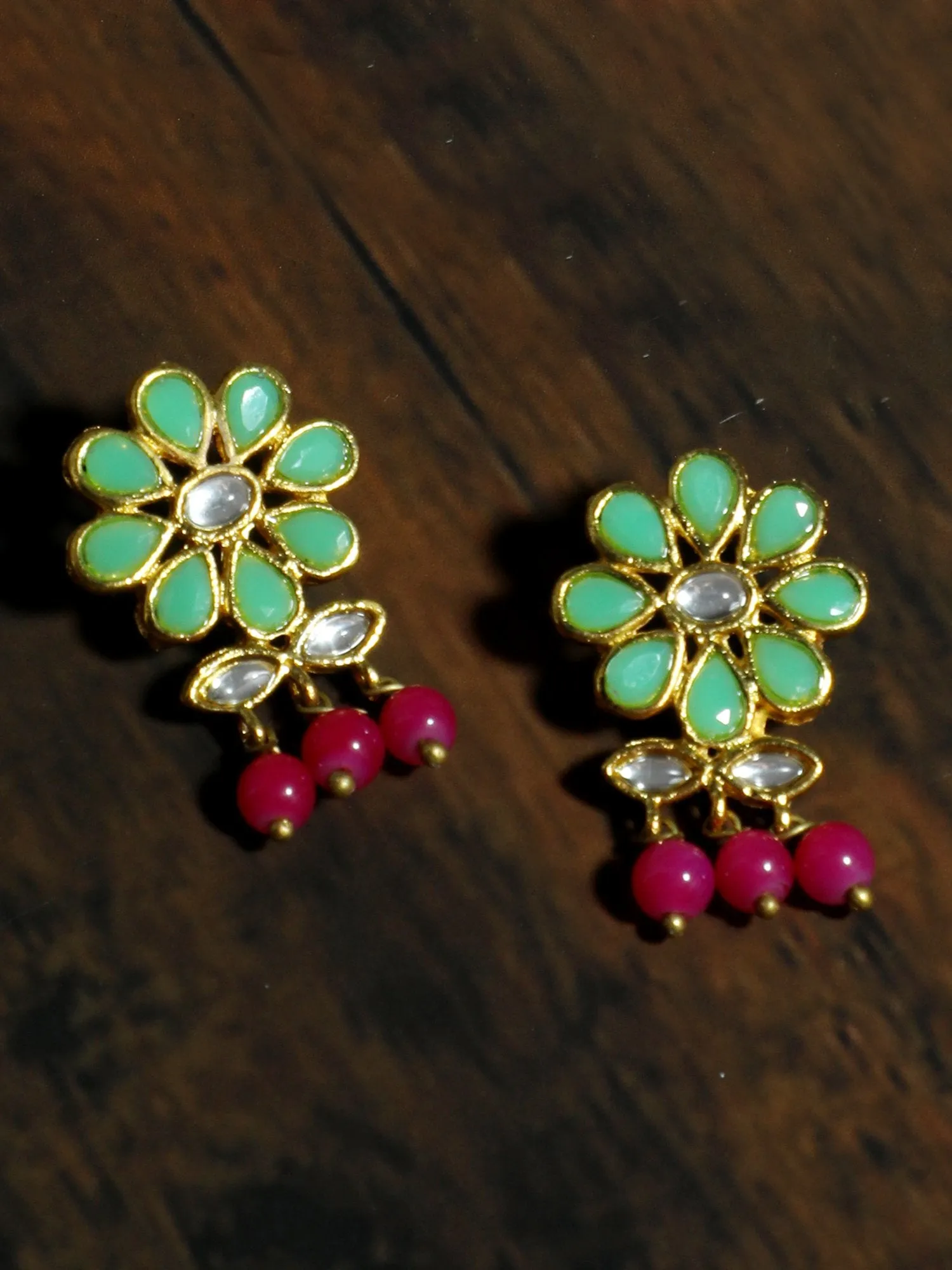 Gold Plated Pink Beads Mint Green Kundan Dangler Earrings for Women