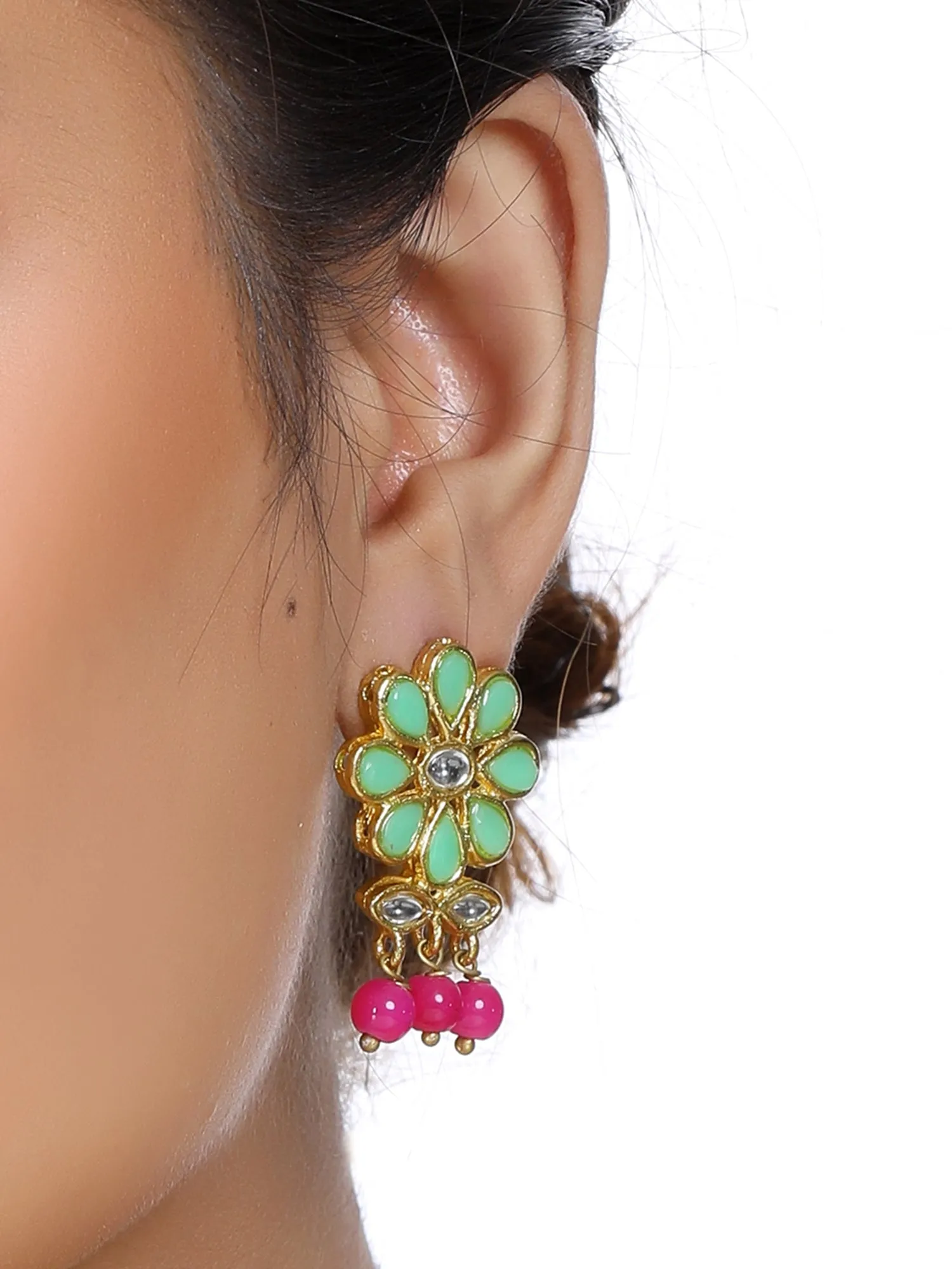 Gold Plated Pink Beads Mint Green Kundan Dangler Earrings for Women