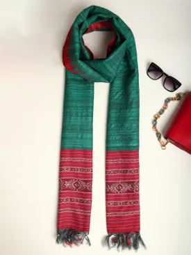 Green and Red Handwoven Pure Tussar Silk and Ghicha Stole