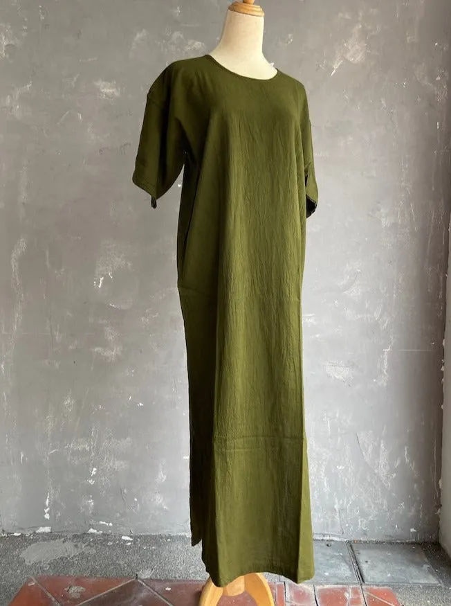 Hand Dyed Short Sleeve Dress in Army Green