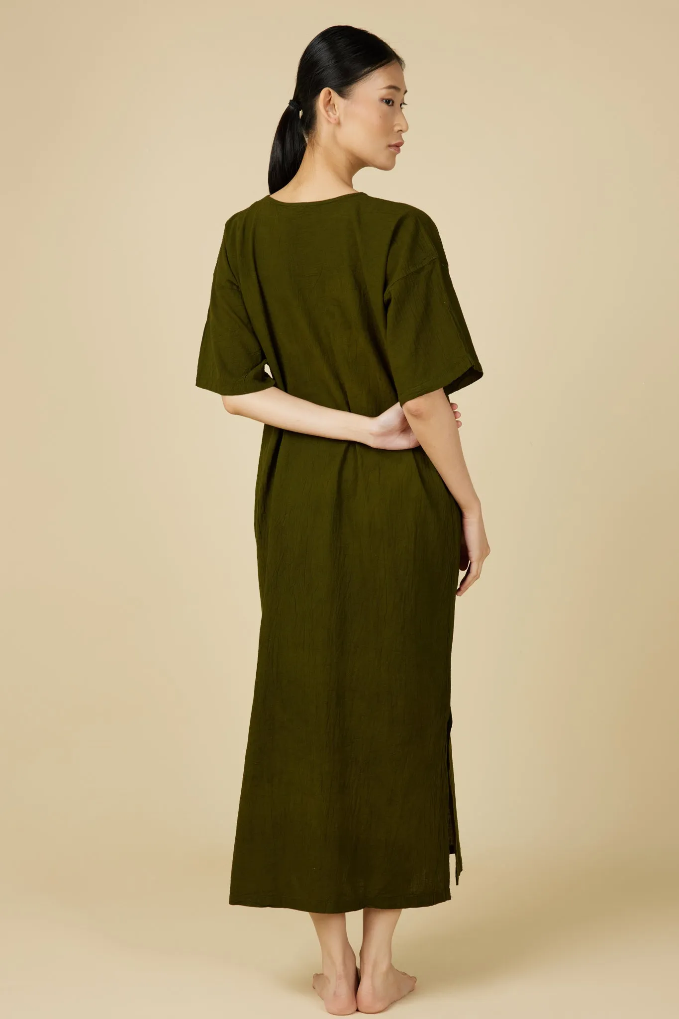 Hand Dyed Short Sleeve Dress in Army Green