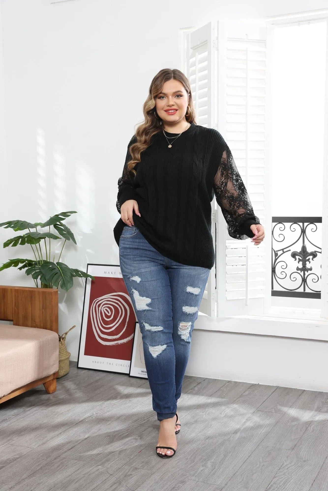 HN Women Plus Size Lace Patchwork Sweater Cable Pattern Long Sleeve Pullover