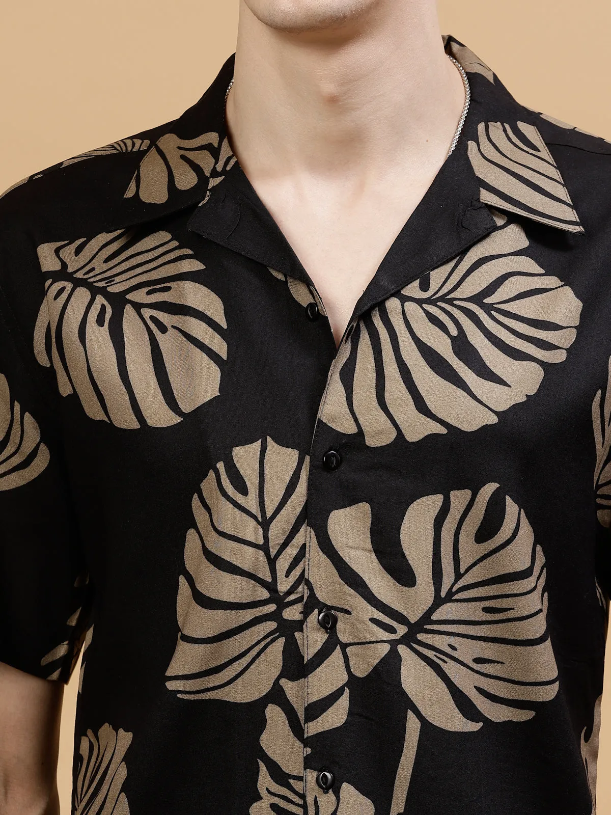 Leaf Print Half Sleeves Cuban Collar Co-ords