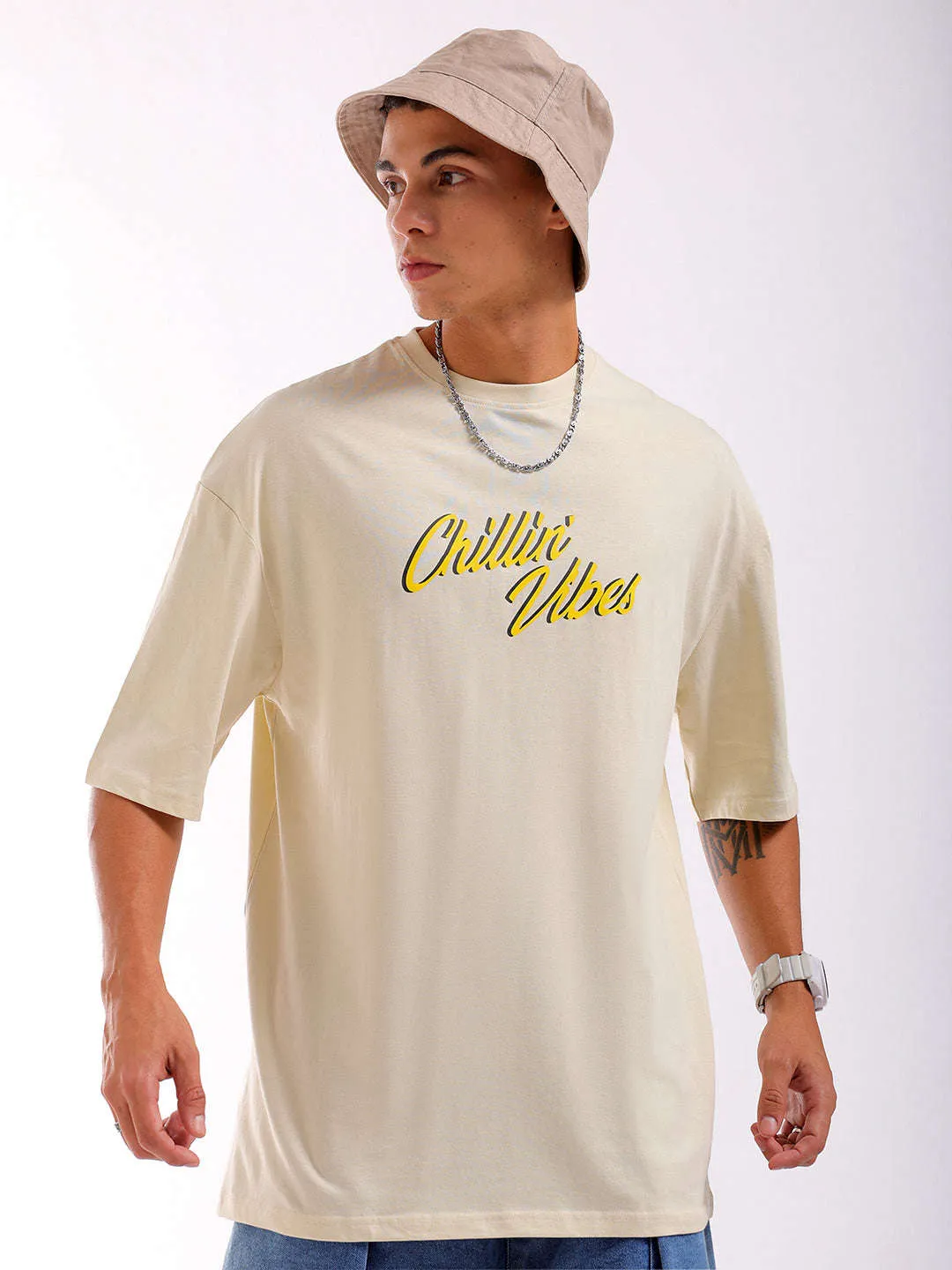 Men Beige Oversized Fit Back Printed T-Shirt