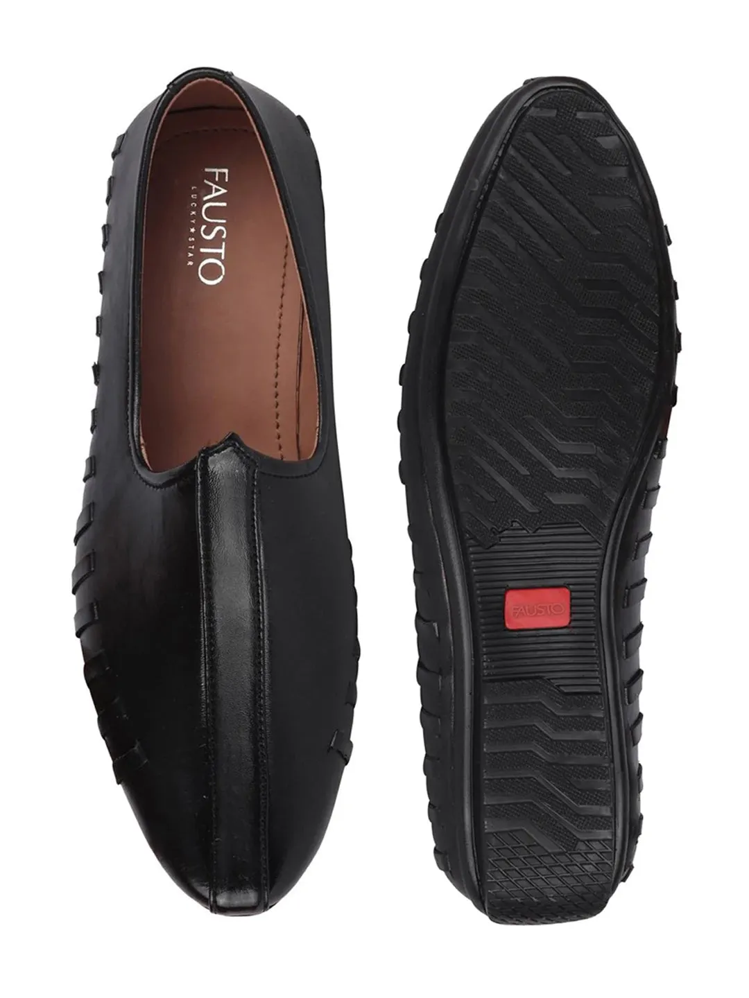 Men Black Ethnic Slip-On Stitched Jutis & Mojaris