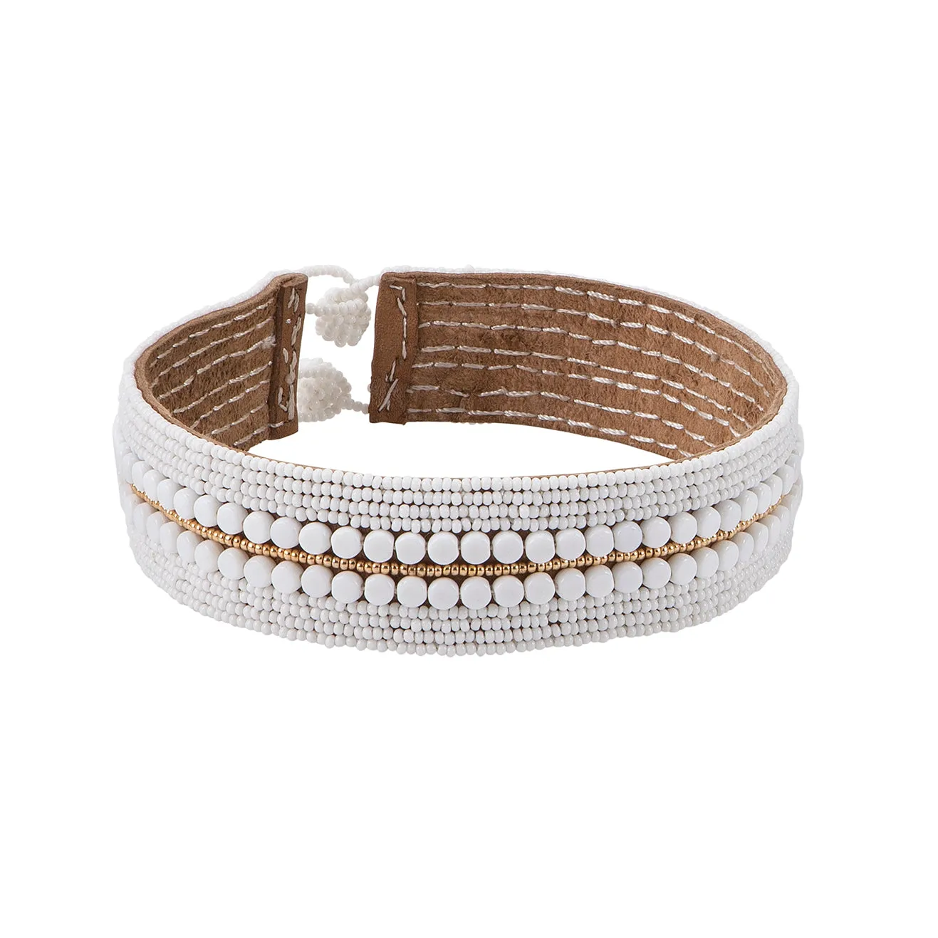 Narrow Decorative Leather Choker - WHITE/GOLD