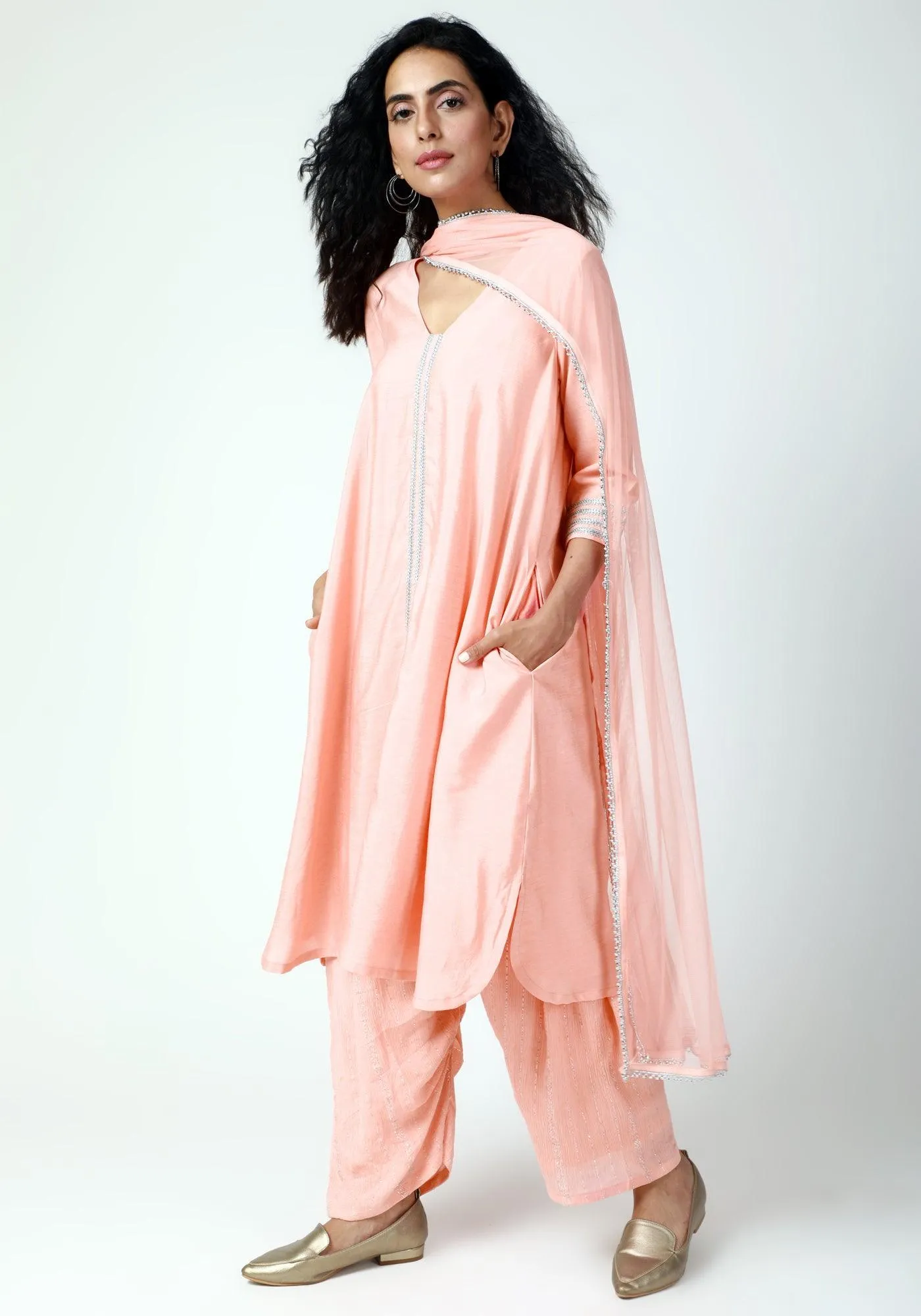 Peach Laced Kurta