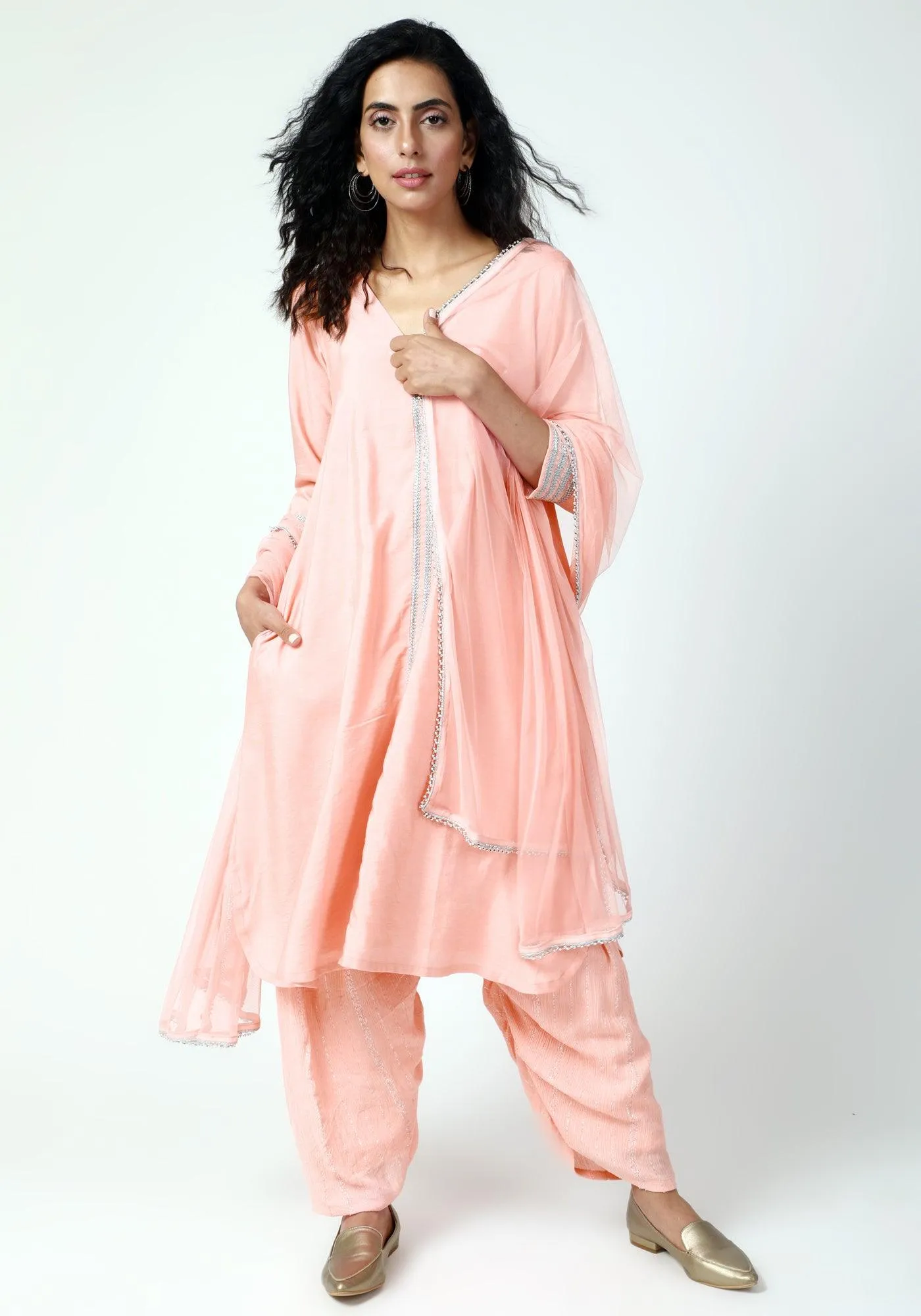 Peach Laced Kurta