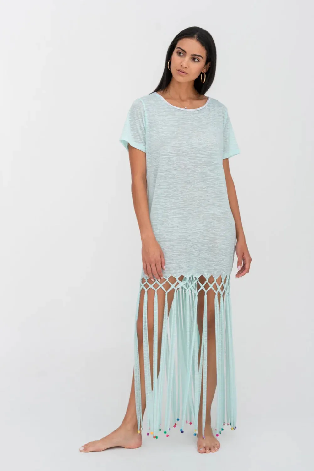 PITUSA Beaded Fringe T-Shirt Dress Aqua