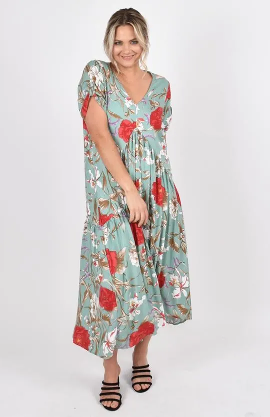 PQ Collection S/S Peak Front Maxi Dress Green Rose