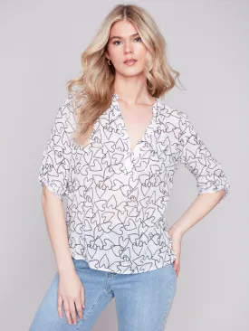 Printed Cotton Gauze Blouse - Hearts