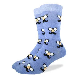 "Blue Moustaches" Cotton Crew Socks by Good Luck Sock - Large