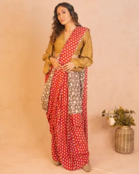 Red Olive Green Hand Block Printed Ready Pleated Silk Saree