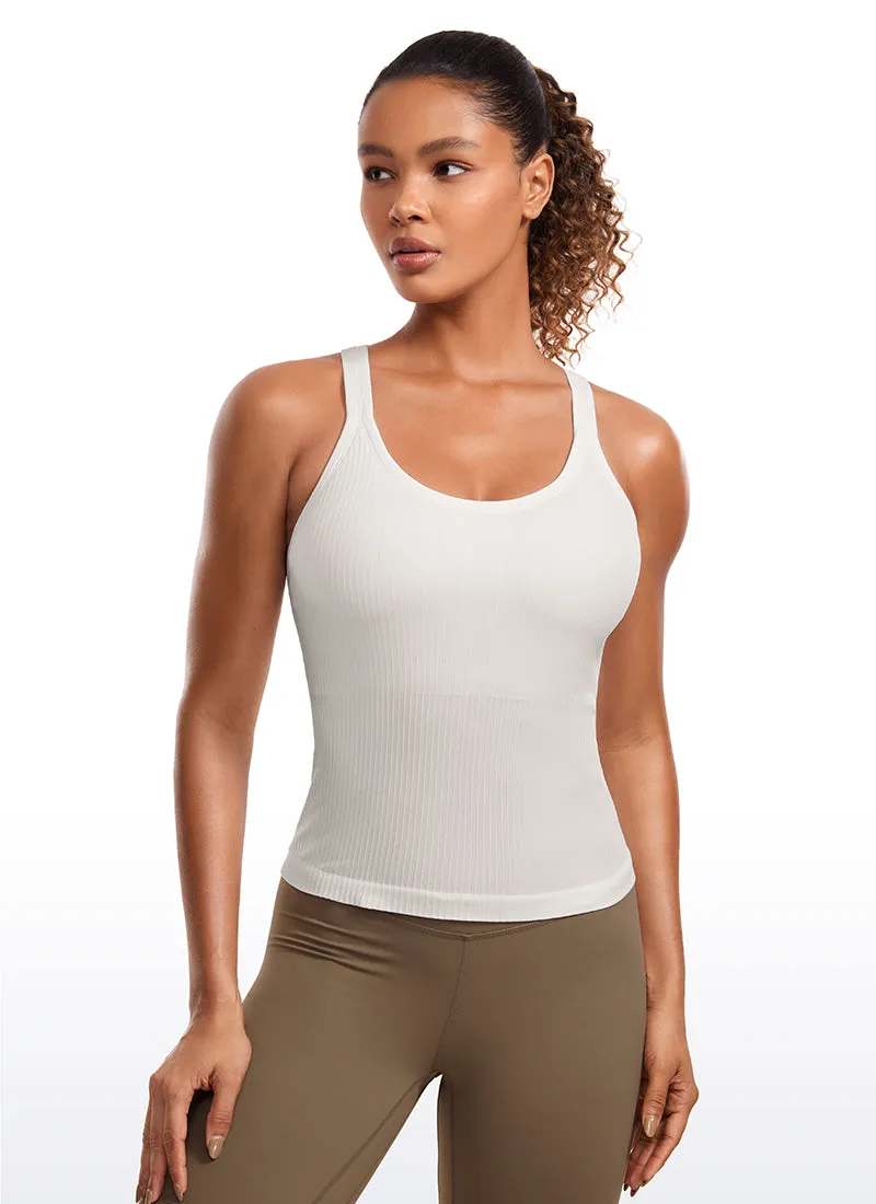 Seamless Ribbed Waist Length Racerback Built in Bra Tanks