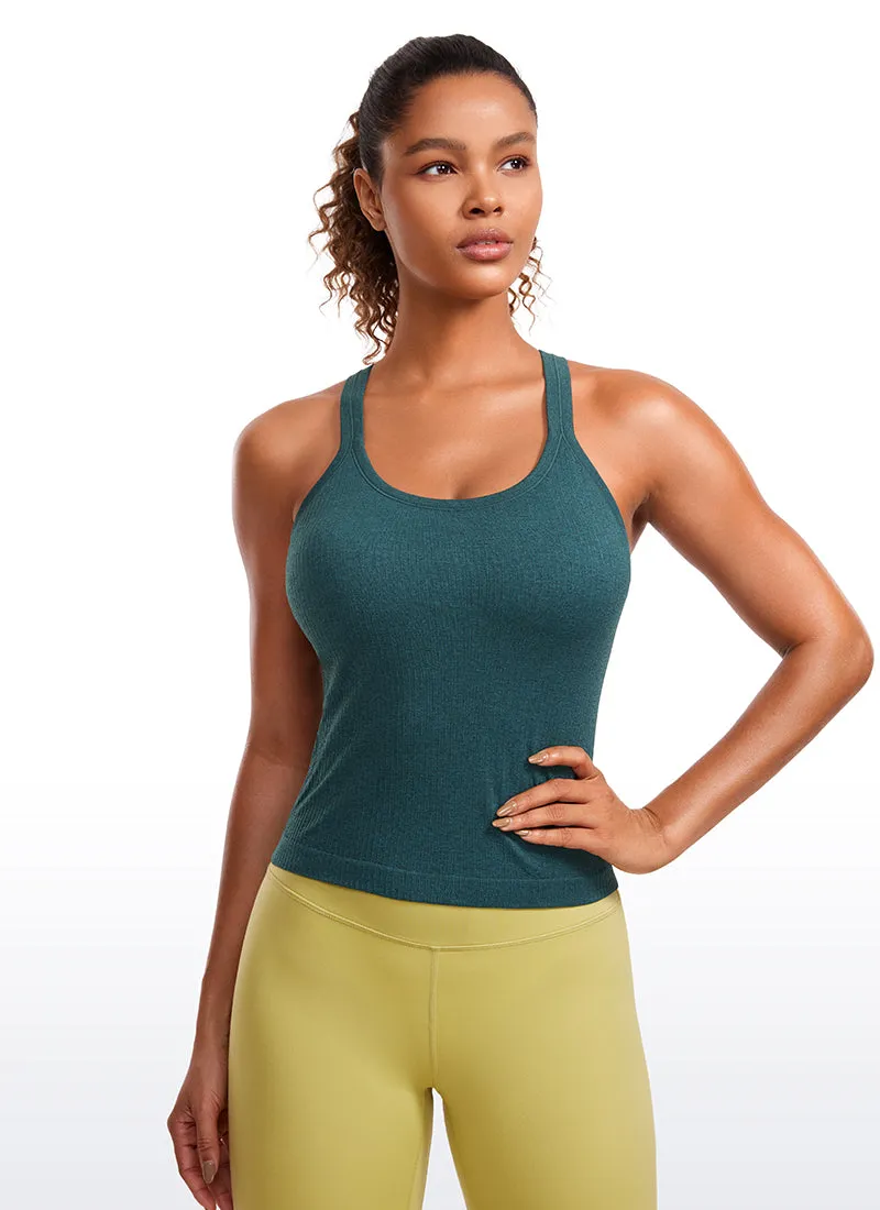 Seamless Ribbed Waist Length Racerback Built in Bra Tanks