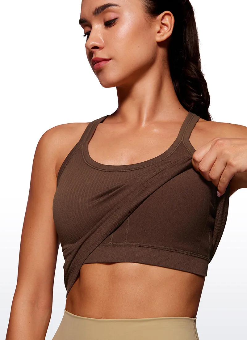 Seamless Ribbed Waist Length Racerback Built in Bra Tanks