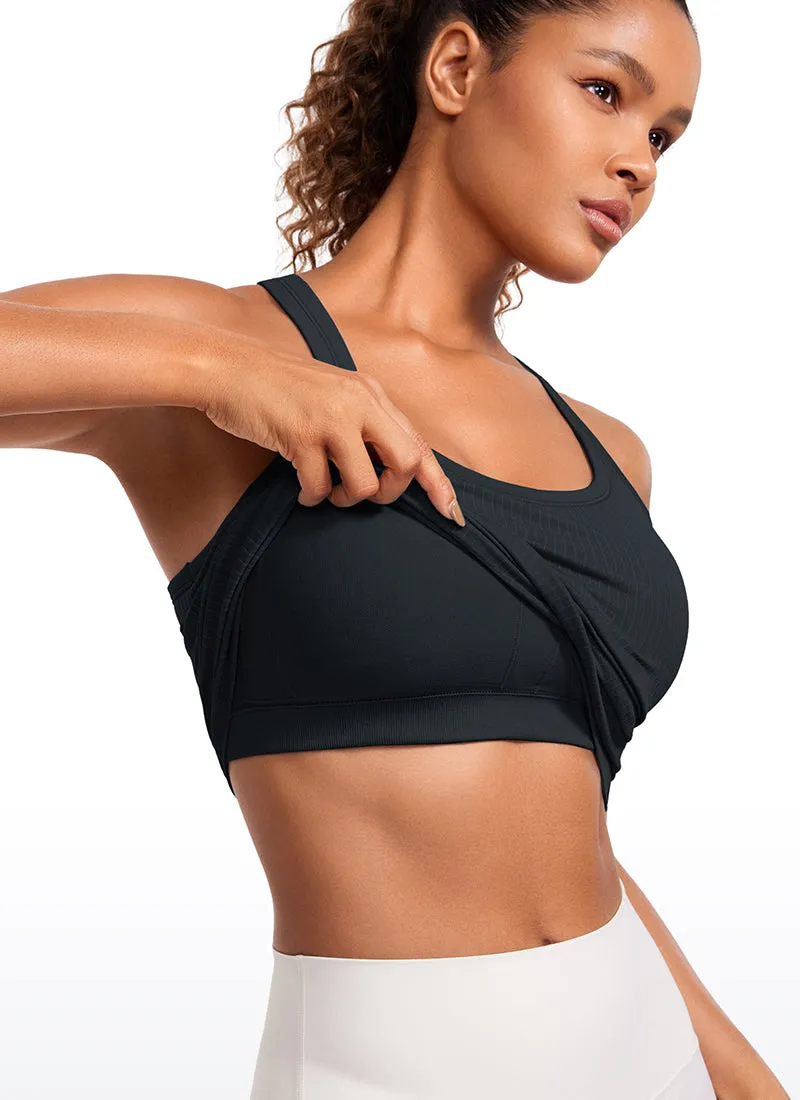 Seamless Ribbed Waist Length Racerback Built in Bra Tanks