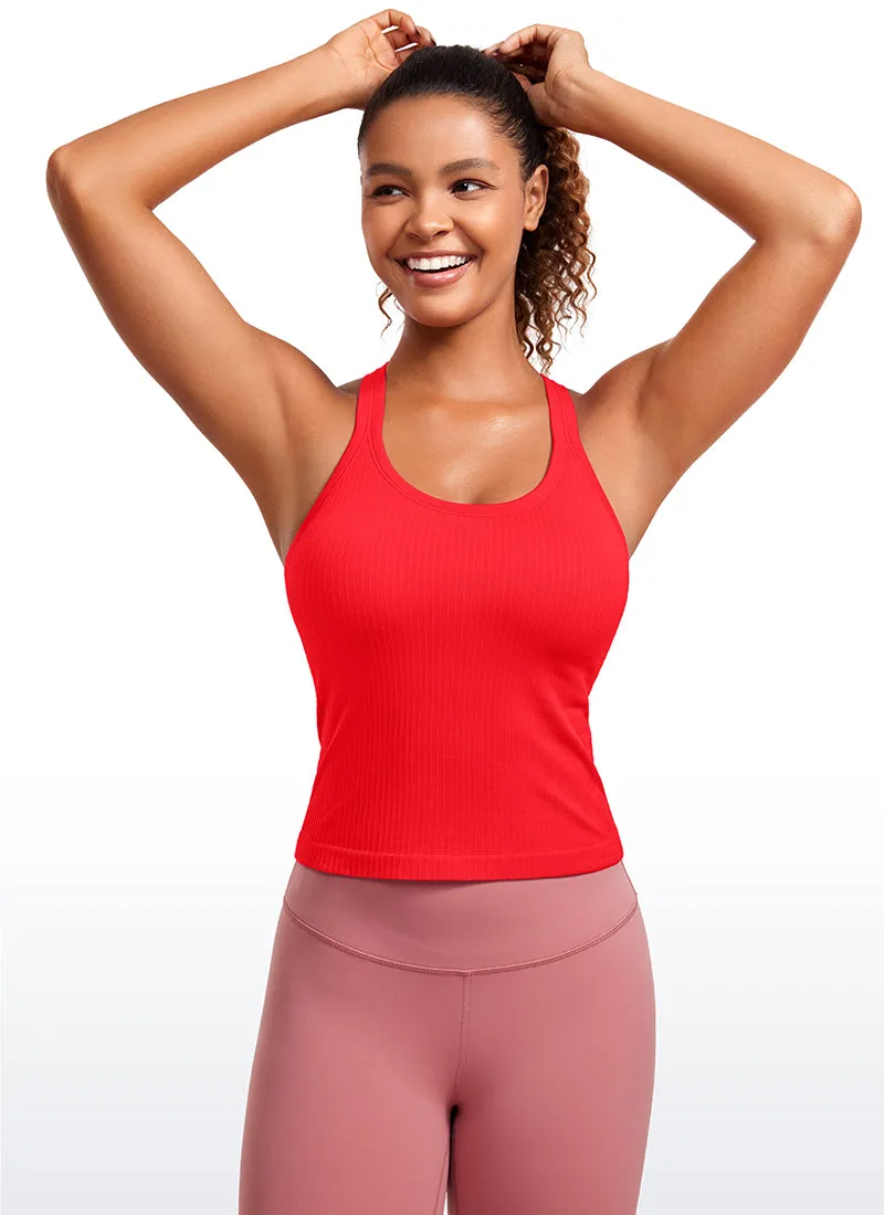 Seamless Ribbed Waist Length Racerback Built in Bra Tanks