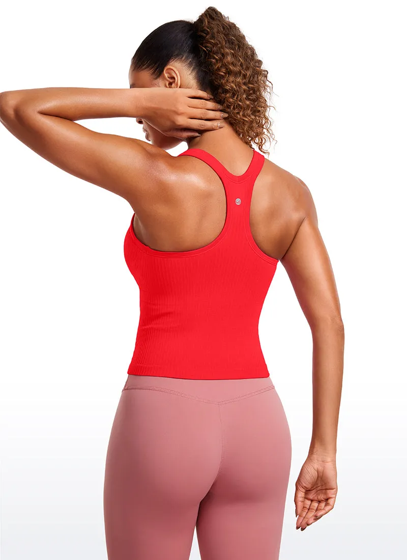 Seamless Ribbed Waist Length Racerback Built in Bra Tanks