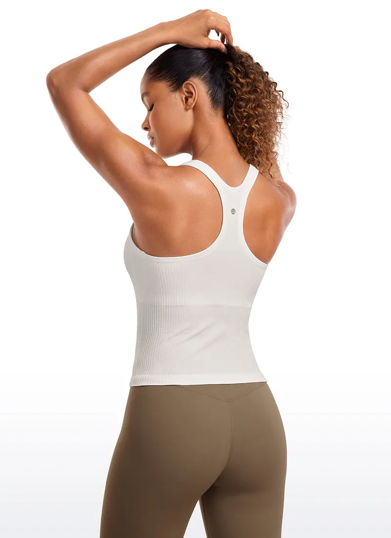 Seamless Ribbed Waist Length Racerback Built in Bra Tanks