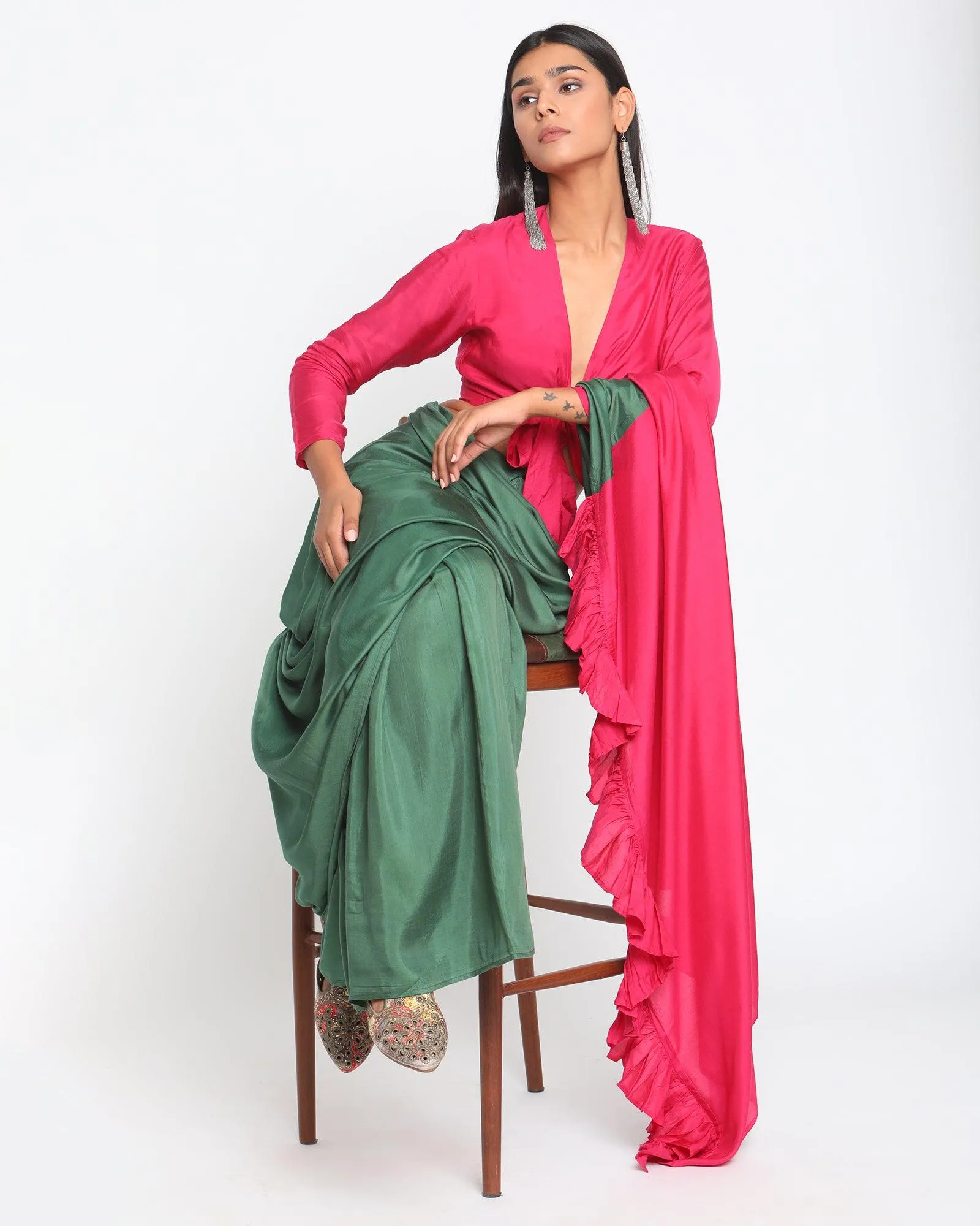 Silk Green Pink Ruffled Ready Pleated Saree