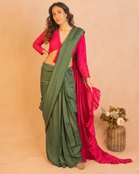 Silk Green Pink Ruffled Ready Pleated Saree