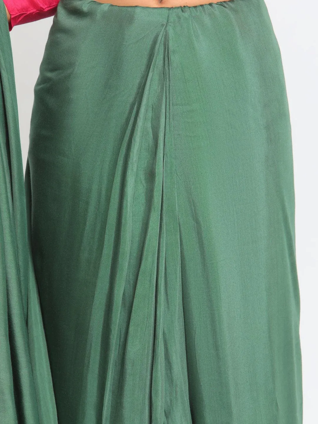 Silk Green Pink Ruffled Ready Pleated Saree