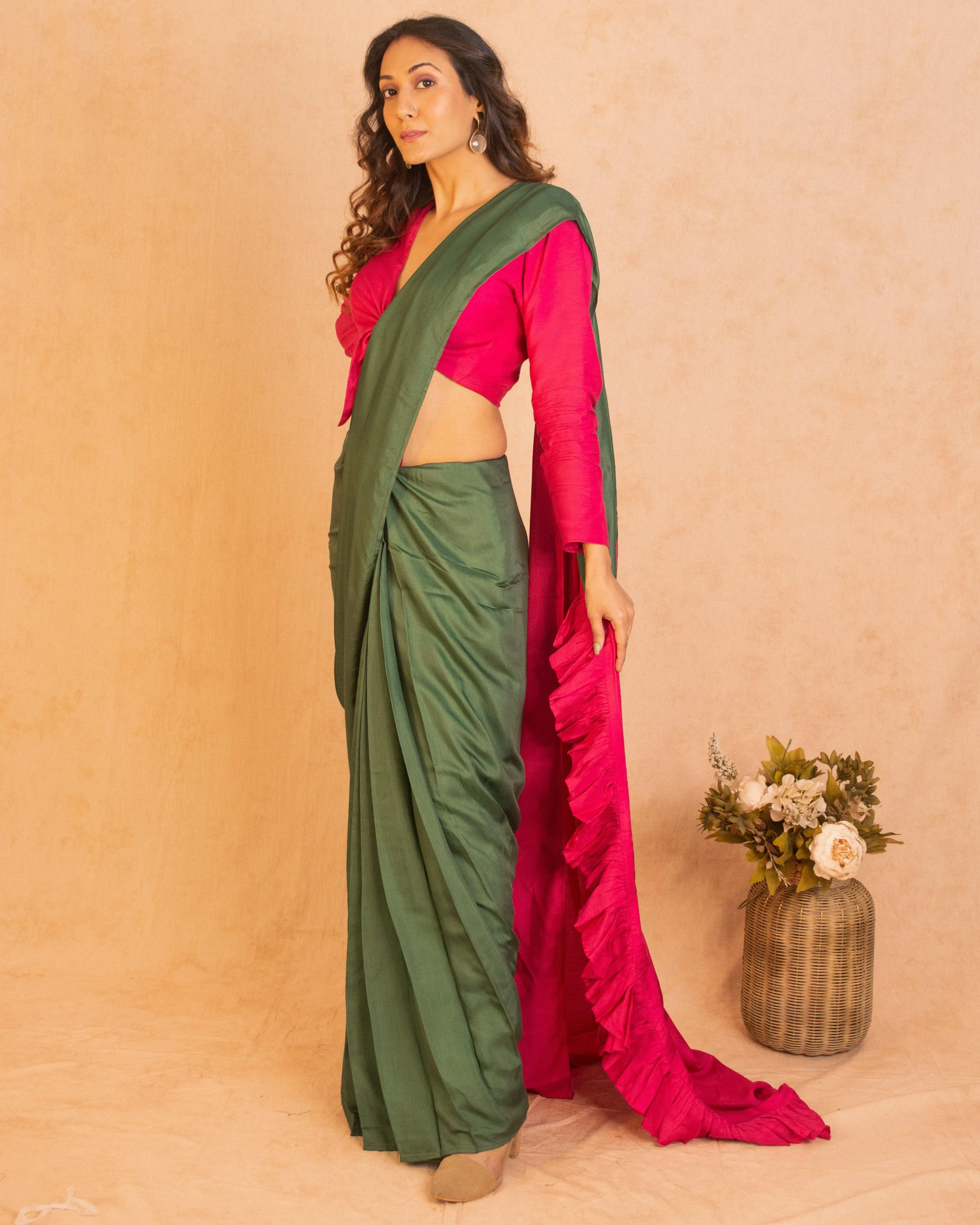 Silk Green Pink Ruffled Ready Pleated Saree