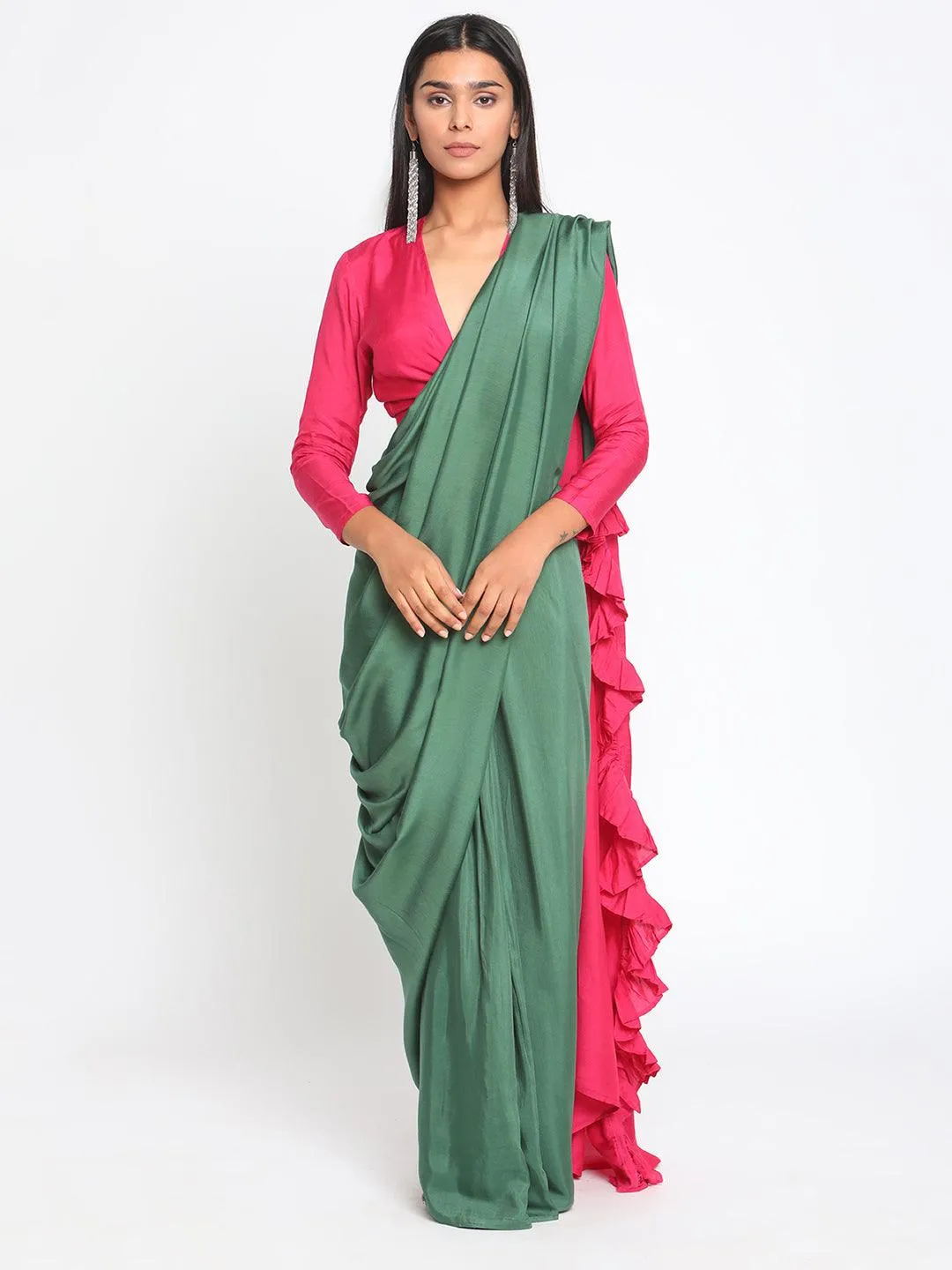 Silk Green Pink Ruffled Ready Pleated Saree