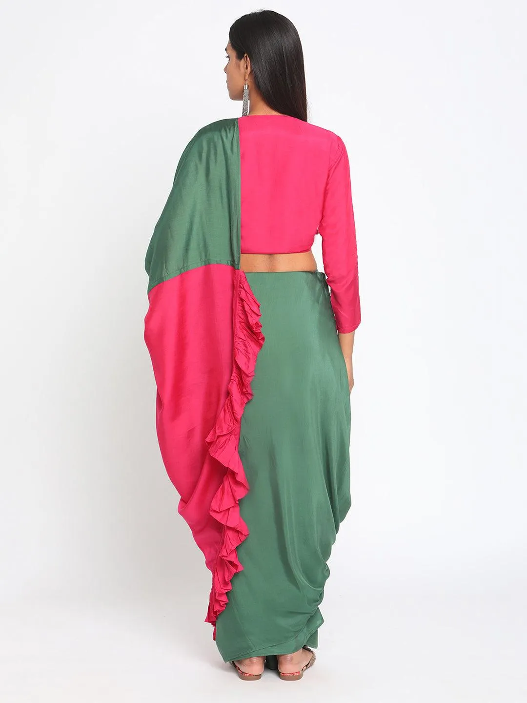 Silk Green Pink Ruffled Ready Pleated Saree