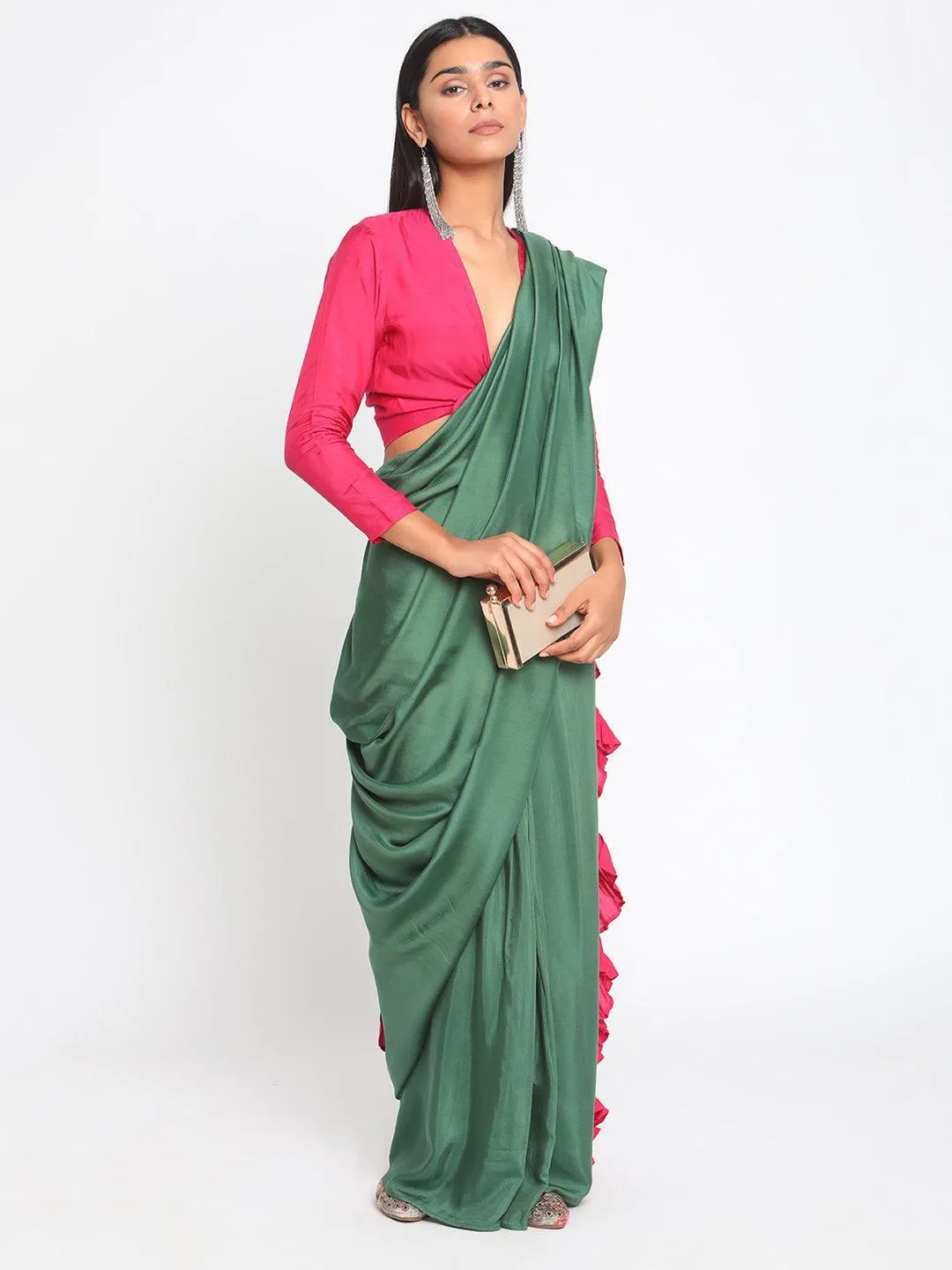 Silk Green Pink Ruffled Ready Pleated Saree