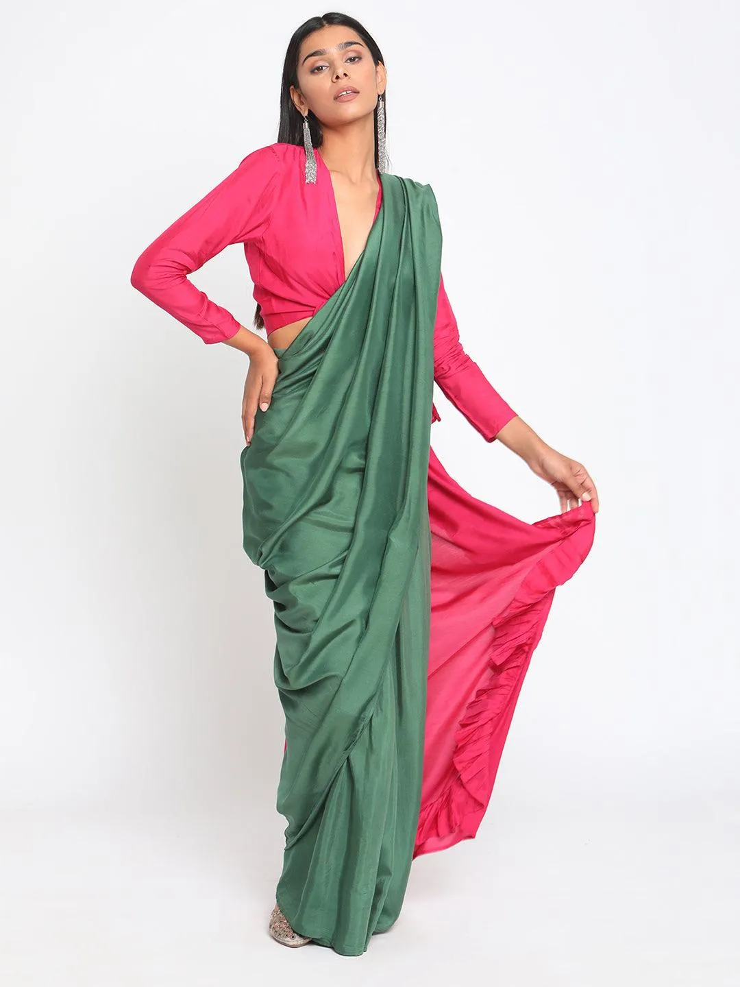 Silk Green Pink Ruffled Ready Pleated Saree