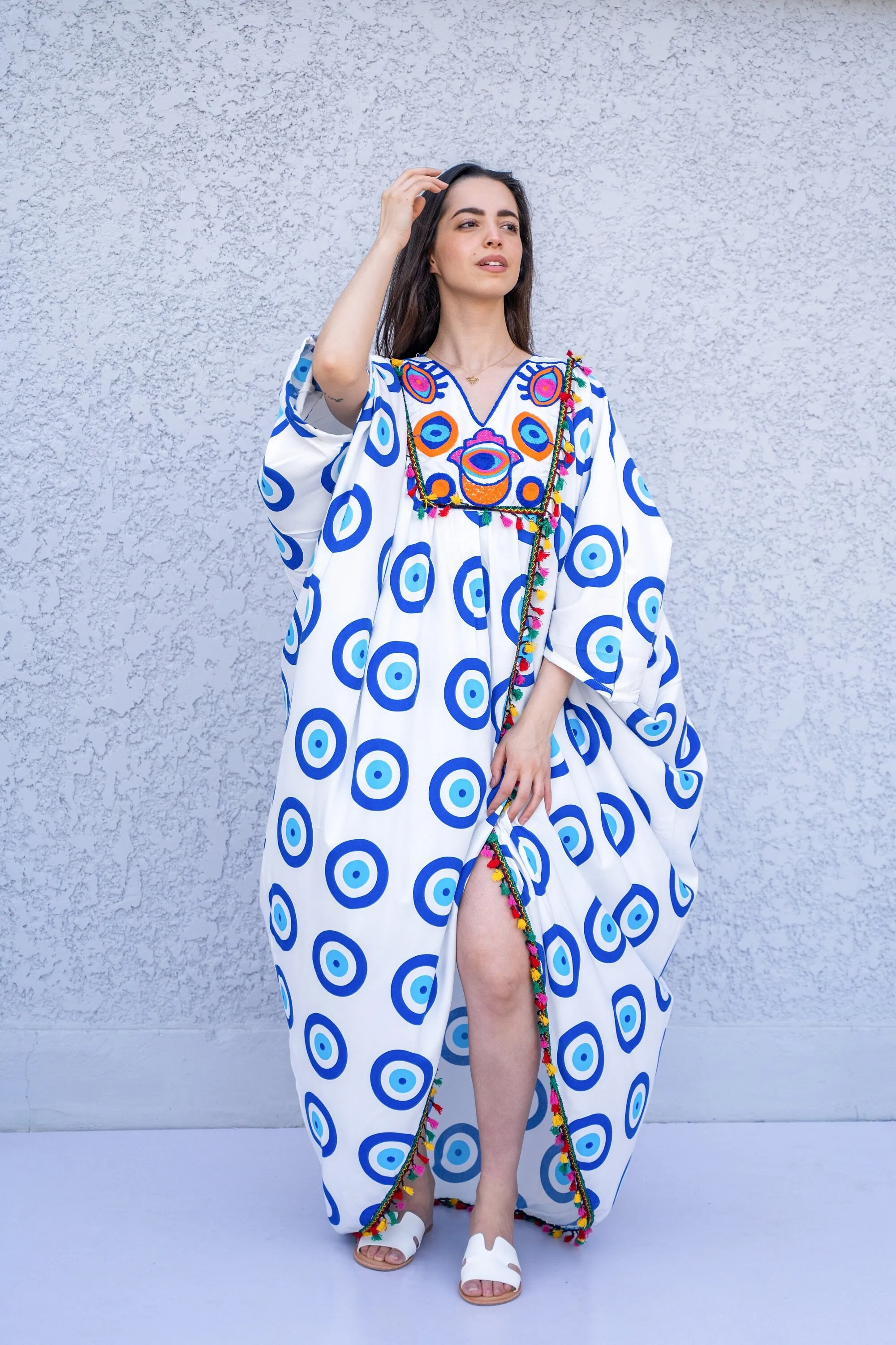 Stunning greek eye embroidered Kaftan dress, cotton caftans for women, Open slit Caftan for women, Loose fit caftan, Plus size kaftan