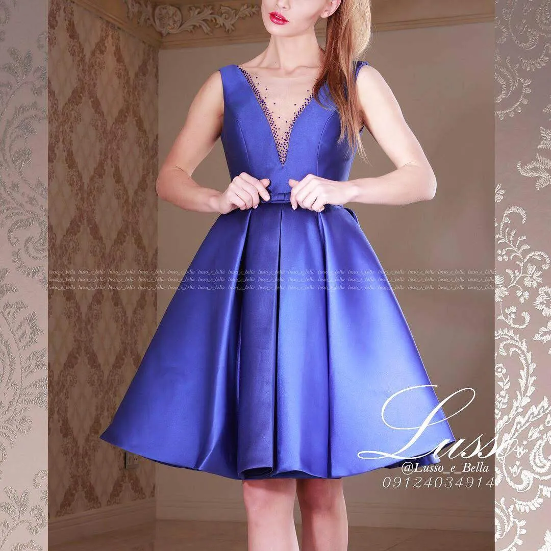 Taffeta Prom Deep V-Neck with Beading Short Dress