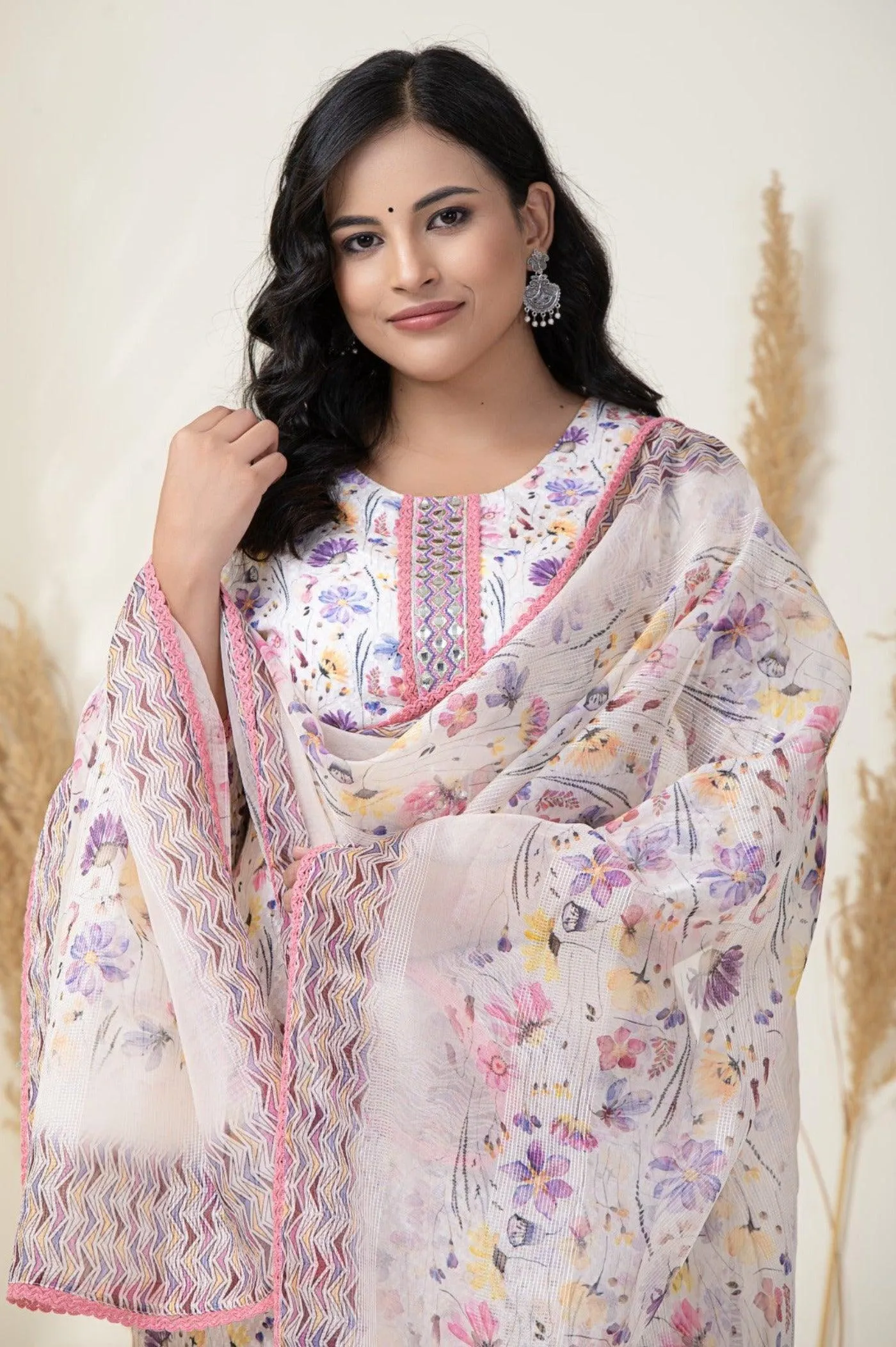 White Base Printed Dupatta Set