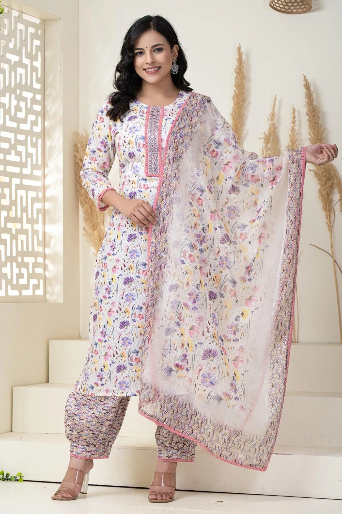 White Base Printed Dupatta Set